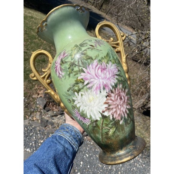 LARGE 15.5" Antique Continental Porcelain Hand Painted Gilt Handled Vase - Picture 8 of 16